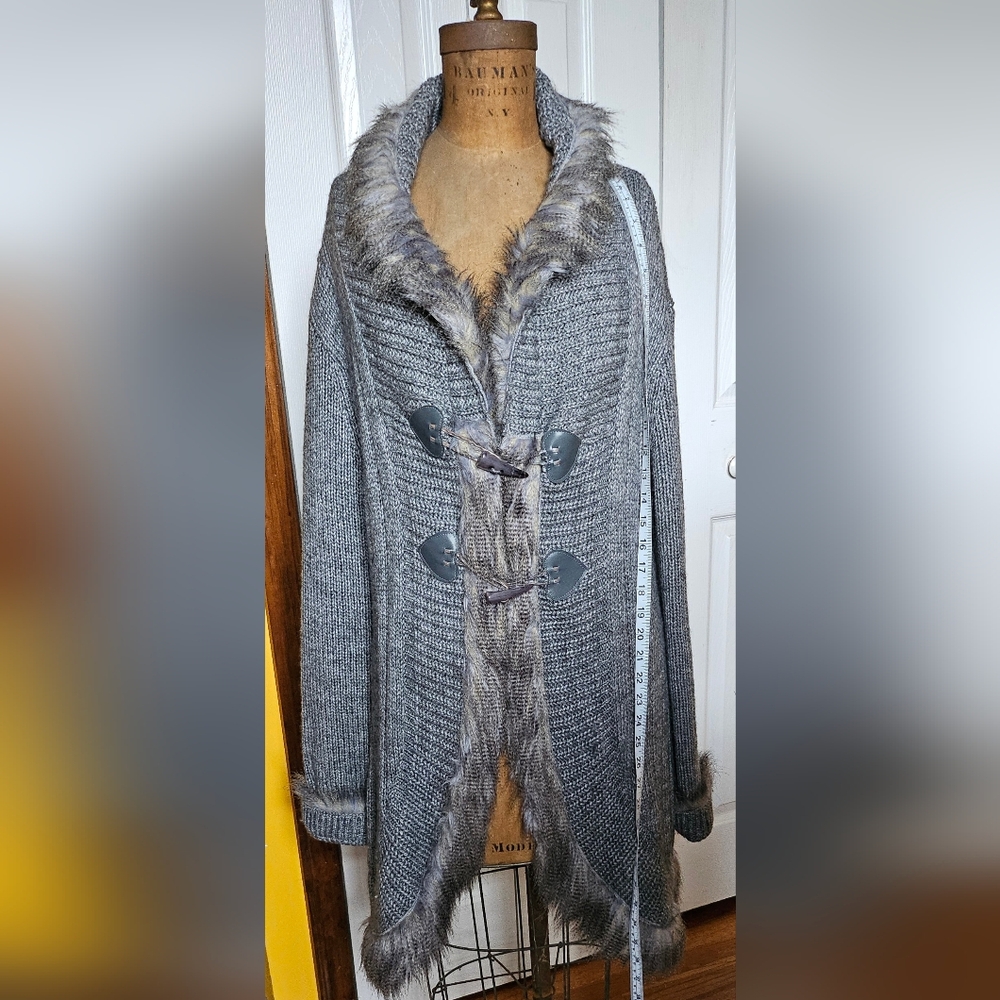 Gray Knit Toggle Coat with Faux Fur Trim